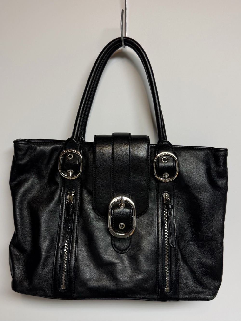 DKNY Black Soft Leather Buckle Satchel Shoulder Bag with Zip Details